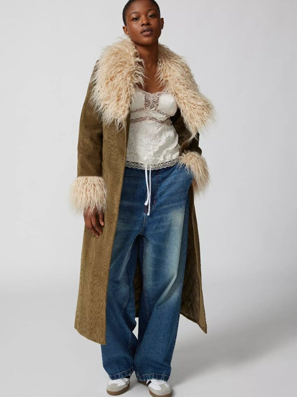 Urban Outfitters Tasha Dark Green Corduroy Fur Long Penny Lane Coat Size Medium